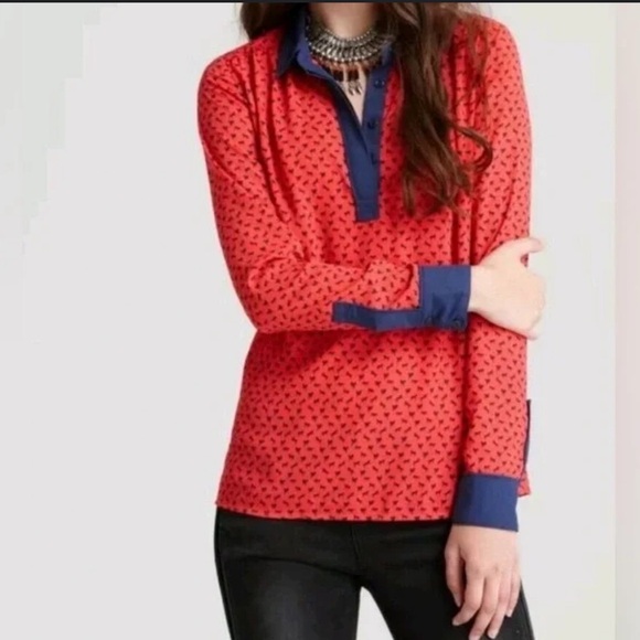Free People Red Blue Equestrian horse print long sleeve  top blouse small - Picture 1 of 7